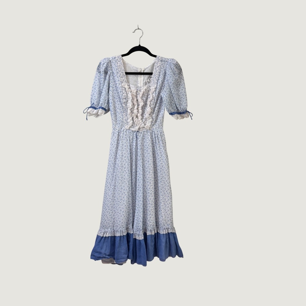 Vintage ACT I New York Floral Cottagecore Midi Prairie Dress Blue White Lace XS